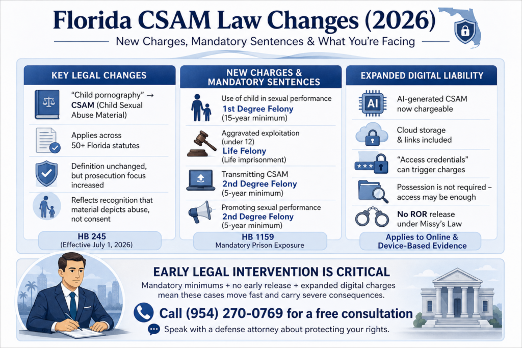 Infographic explaining Florida CSAM law changes in 2026, including new felony charges, mandatory minimum sentences, AI-generated material liability, and pretrial detention rules.